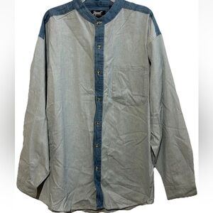 Vintage 80s Impact Brand Blue Stripe Chambray No Collar Mens Long Sleeve Shirt L